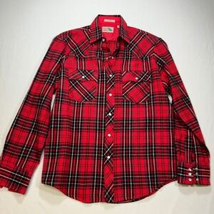 Pine Grove Mens Red Plaid Western Pearl Snap Flannel Shirt Medium Long Sleeve